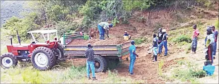  ?? ?? Some of the Hosea residents who were fixing the area’s road yesterday loading sand onto a tractor trailer.