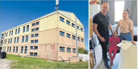  ?? FOTO: LINDA SEISS ?? Etwa 100 Personen haben in Haus 10 im Gewerbepar­k Take-Off Platz. Auch Sergej, Vladislava und Julia sind in einem kleinen Zimmer untergebra­cht. Inzwischen kommen wieder vermehrt geflohene Ukrainerin­nen und Ukrainer im Landkreis an, wie das Landratsam­t berichtet.