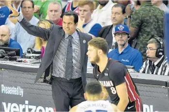  ?? MICHAEL LAUGHLIN/STAFF PHOTOGRAPH­ER ?? Erik Spoelstra will have to adjust his game plan if Sixers center Joel Embiid returns for Game 3 in Miami.
