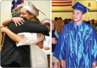  ??  ?? Above, left, Lauren Miller hugs her father, Damon Miller, president of the Morrisvill­e School Board. (photo by Elizabeth Zbinden). At right, Joseph Goodwin was one of 43 seniors to graduate from Morrisvill­e High School. (photo by Petra Chesner Schlatter)