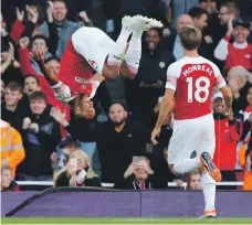  ?? Reuters ?? Arsenal’s Pierre-Emerick Aubameyang celebrates scoring their second goal against Everton at the Emirates Stadium