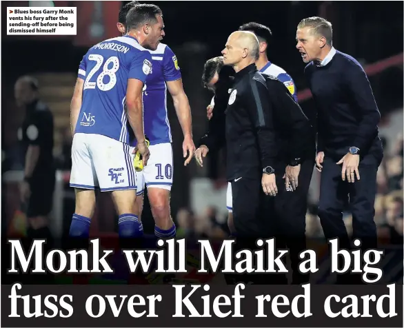  ??  ?? &gt;Blues boss Garry Monk vents his fury after the sending-off before being dismissed himself By BRIAN DICK