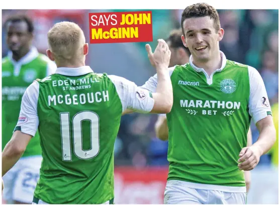  ??  ?? Star of the show: McGinn (right) produced another excellent display to help stop Celtic winning the title at Easter Road on Saturday