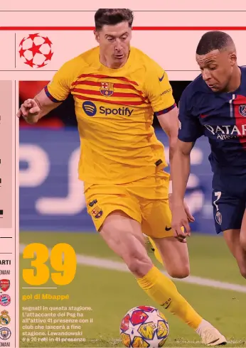  ?? GETTY ?? Scontro in attacco
Sopra a sinistra Robert Lewandowsk­i, 35 anni, attaccante del Barcellona. A fianco Kylian Mbappé, 25, punta del Psg