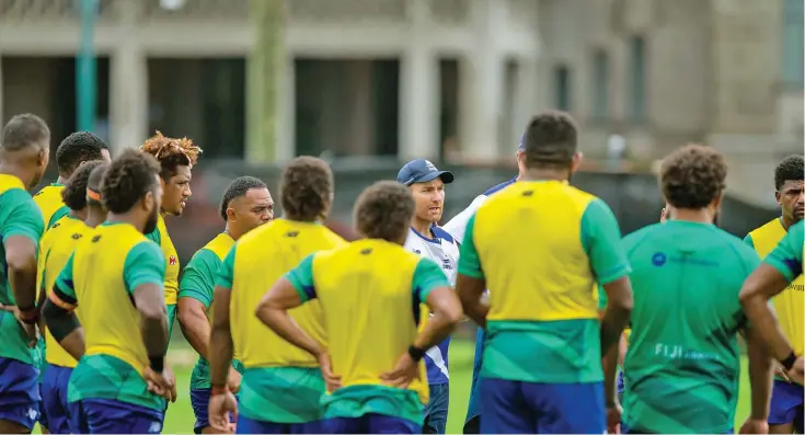  ?? Photo: Fijian Drua ?? Swire Shipping Fijian Drua and Flying Fijians assistant coach Glen Jackson talks to the players after their training session in Suva. Jackson, was a former World Rugby Test referee who had played 60 Super Rugby games for the Chiefs.