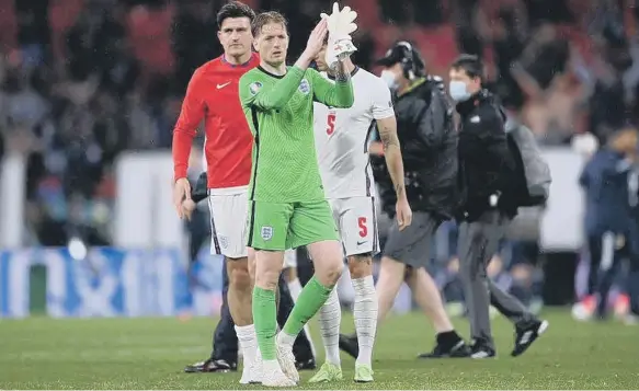  ??  ?? England goalkeeper Jordan Pickford applauds the fans after the Euro 2020 match against Scotland.