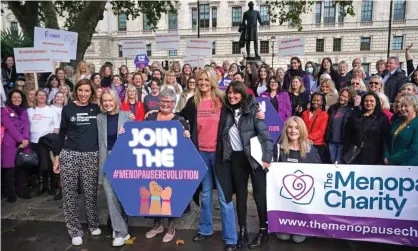  ?? Photograph: Steve Parsons/PA ?? Davina McCall with (front row, from left) Dr Louise Newson, Mariella Frostrup, MP Carolyn Harris and Penny Lancaster at a protest over HRT prescripti­on charges.