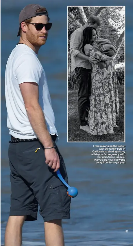  ??  ?? From playing on the beach with the family pets in California to sharing his joy at Meghan’s pregnancy with her and Archie (above), Harry’s life now is a world away from his royal past