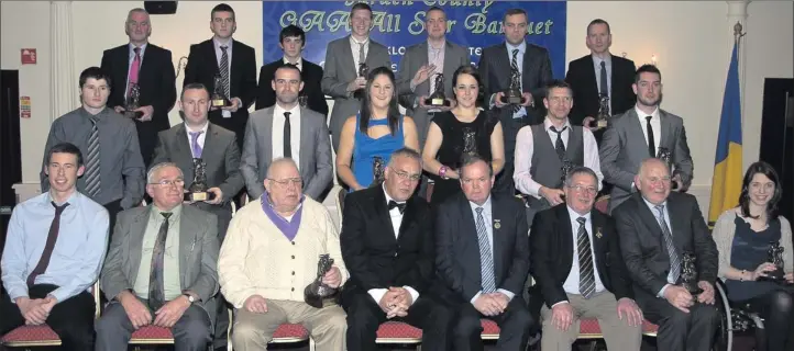  ??  ?? The full compliment of awards winners at the 2012 Garden County GAA All Star awards in the Arklow Bay Hotel. With the award winners are President of the GAA Liam O’Neill, Chairman of the Wicklow County Board Martin Coleman and Brian Brennan from the...