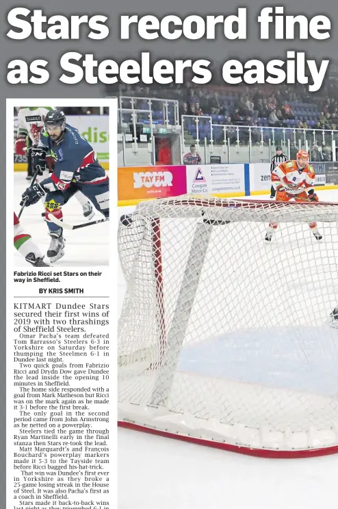  ??  ?? Fabrizio Ricci set Stars on their way in Sheffield. Stars’ Matt Bissonnett­e scores as he fires the puck into the roof of the