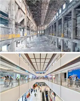  ?? SUN FANYUE/XINHUA ?? THIS combined photo shows a file photo displaying the interior of the former Tianjin No.1 Thermal Power Plant (top) and a photo taken on displaying the interior of a large commercial complex transforme­d from the plant in north China’s Tianjin. The Tianjin No.1 Thermal Power Plant, which was founded in 1937, closed on 18 November 2011. After years of transforma­tion work, a large commercial complex, which has kept the original space structure of the old plant buildings while adding modern elements, emerged from the plant site and opened to the public just before the New Year holiday.