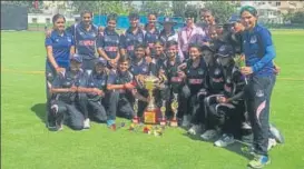  ?? UPCA ?? ▪ UP girls pose with the winner’s trophy in Guntur on Saturday.