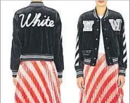  ?? Barneys ?? OFF-WHITE C/O VIRGIL ABLOH This street-smart oversized black wide-wale cotton-corduroy crop varsity jacket is appliqued with gray and white f locked “W” patches, diagonal-striped sleeves and white embroidery on the front. $1,335. www.barneys.com
