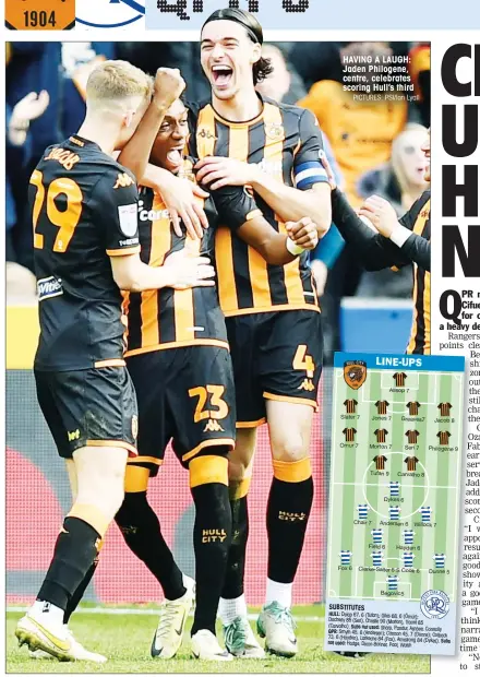  ?? PICTURES: PSI/Ian Lyall ?? HAVING A LAUGH: Jaden Philogene, centre, celebrates scoring Hull’s third