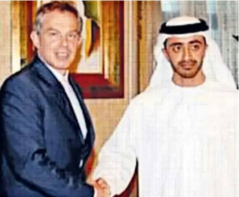  ??  ?? Tony Blair as Middle East envoy frequently met Sheikh Abdullah bin Zayed Al Nahyan, the United Arab Emirates foreign minister. Top left, Sheikh Abdullah’s bank transfer to Mr Blair’s consultanc­y