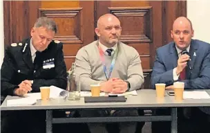  ??  ?? From left, Chief Constable Darren Martland, Chief of Staff Peter Astley, and Police and Crime Commission­er David Keane at the meeting