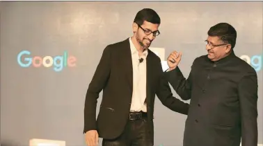  ?? Praveen Khanna ?? Union Minister for Electronic­s & IT, Ravi Shankar Prasad with Google CEO Sundar Pichai during an event to announce ‘Digital Unlocked’ skill programme, in New Delhi on Wednesday.