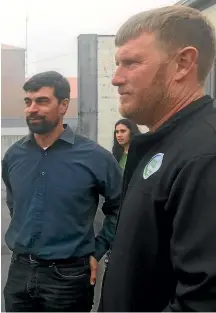  ??  ?? Former Gloriavale members John Ready and James Harrison outside the Greymouth District Court yesterday.