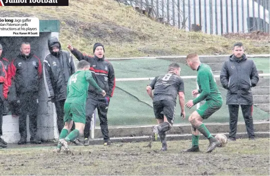  ??  ?? Junior footballGo long Jags gaffer Alan Paterson yells instructio­ns at his players Pics: Karen M Scott