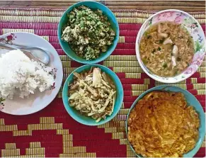  ??  ?? Our sumptuous meal carefully prepared by friendly Karen villagers at Baan Lan Kham.