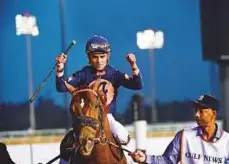  ?? Virendra Saklani/Gulf News ?? ■ Joel Rosario celebrates aboard Mind Your Biscuits after the victory at the Meydan Racecourse