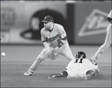  ?? AP/KATHY WILLENS ?? Brett Gardner of the New York Yankees steals second while Minnesota Twins second baseman Brian Dozier waits for the throw. The Yankees extended their lead to five games over the Twins for the American League’s top wild-card spot with a 2-1 victory...