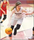  ?? Westside Eagle Observer/RANDY MOLL ?? Gentry’s Alyssa McCarty dribbles toward the basket in play against Farmington at Gentry High School on Tuesday, Jan. 26.