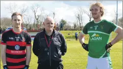  ?? (Pic: P O’Dwyer) ?? Referee John Kenneally, Kanturk with captains Dave Pyne (Glanworth) and Barry O’Connor (Newmarket) before the throw in to the Cork Credit Unions Division 2 Football league encounter played in Newmarket last Sunday morning.