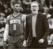  ?? Jon Shapley / Staff photograph­er ?? Coach Mike D'Antoni thinks the team’s small-ball approach will be more effective after Russell Westbrook and Co. go through what amounts to a training camp before the season resumes.