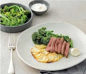  ?? MY FOOD BAG ?? Beef scotch with potato galette, wilted greens and horseradis­h cream.