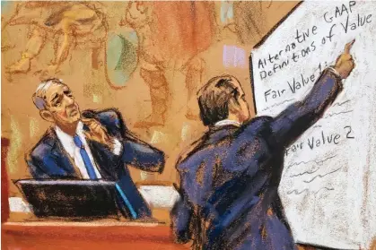  ?? Photograph: Jane Rosenberg/Reuters ?? Eli Bartov on the witness stand in this courtroom sketch.