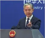  ?? (AP photo/Liu Zheng) ?? In this image made from video, Chinese Foreign Ministry spokespers­on Wang Wenbin speaks Monday during a media briefing at the Ministry of Foreign Affairs office in Beijing. China on Monday said more than 10 U.S. high-altitude balloons have flown in its airspace during the past year without its permission, following Washington’s accusation that Beijing operates a fleet of surveillan­ce balloons around the world.