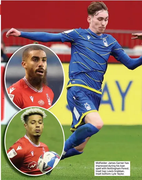  ??  ?? Midfielder James Garner has impressed during his loan spell with Nottingham Forest. Inset top: Lewis Grabban. Inset bottom: Lyle Taylor.