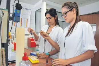  ?? FOTO: LENA MÜSSIGMANN ?? Die beiden kubanische­n Forscherin­nen Claudia Linares Rivero (links) und Geeisy Angela Cid arbeiten im Labor in Bavendorf an natürliche­n Spritzmitt­eln.