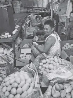  ?? IAN PAUL CORDERO/PN ?? MANGO MEN. These vendors sort mangoes at the Iloilo Terminal Market. They separate the yellow from the green ones. The summer season is mango season. Right now a kilo costs P95 but the price may fluctuate depending on the availabili­ty of supply and the...
