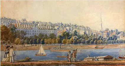  ??  ?? Pittoresqu­e. « Vue de Saint-Cloud », d’Eugène Juillerat (1869). Cette aquarelle, propriété du départemen­t des Hauts-de-Seine, est la plus ancienne vue connue de la caserne Sully.