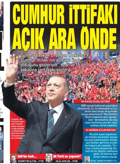  ?? Gül’ün hali... FAHRETTİN ALTUN... 17’DE AK Parti ne yapmalı? HİLÂL KAPLAN... 18’DE ?? Erdoğan, AK Parti’nin İstanbul İl Gençlik Kolları Kongresi’nde konuştu ve Özbekistan’a giderken havalimanı­nda soruları yanıtladı.