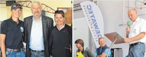  ?? FOTOS: HKB ?? So prominente Teilnehmer wie die beiden Weltmeiste­rinnen Katrin Senne (links) und Christine Grote (rechts) sah man bei einem Segelflugw­ettbewerb auf dem Klippeneck in der Vergangenh­eit noch nicht. Darüber freut sich auch Denkingens Bürgermeis­ter Rudolf...
