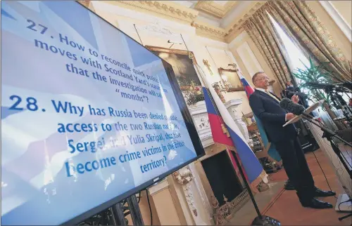  ?? PICTURE: YUI MOK/PA WIRE. ?? Russian ambassador to the UK Alexander Yakovenko speaking at a news conference at the Russian Embassy in London. ASKING QUESTIONS: