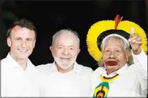  ?? ?? French President Emmanuel Macron, from left, Brazil’s President Luiz Inacio Lula da Silva and Chief Raoni Metuktire, pose for photos on Combu Island, near Belem, Para state, Brazil, Tuesday, March 26, 2024. (AP)