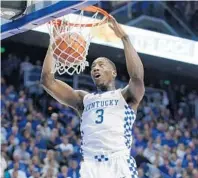  ?? MARK CORNELISON/TNS ?? Bam Adebayo shows the athleticis­m that the Heat believe will do well with how the NBA is trending these days — big men making plays all over the court, not just inside.