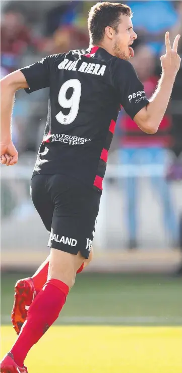  ?? Picture: AAP ?? Oriol Riera of the Western Sydney Wanderers celebrates scoring a goal during their A-League match against Brisbane Roar at Glen Willow Stadium in Mudgee, NSW, yesterday