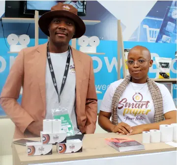  ?? ?? Smart Paper Chief Operations Officer, Katlego Motlhagodi and Operations Manager, Leano Ranko at the company’s stall during the just ended Global Expo