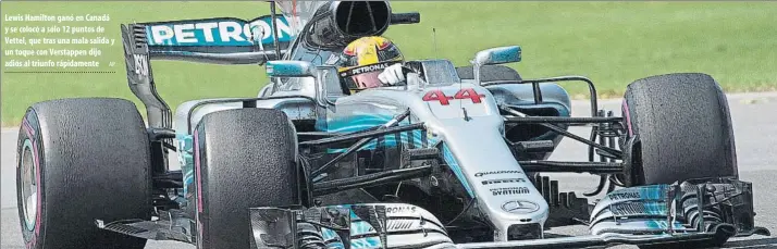  ?? AP ?? Lewis Hamilton ganó en Canadá y se colocó a sólo 12 puntos de Vettel, que tras una mala salida y un toque con Verstappen dijo adiós al triunfo rápidament­e