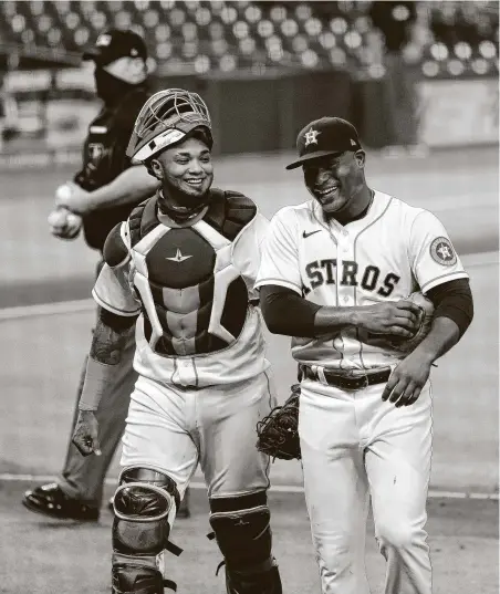  ?? Photos by Karen Warren / Staff photograph­er ?? Astros starting pitcher Framber Valdez had allowed 13 earned runs in his previous 12 innings before Thursday’s start.