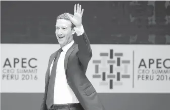  ??  ?? Facebook CEO Mark Zuckerberg at the APEC CEO summit in 2016 in Lima, Peru.