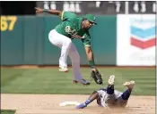  ?? JEFF CHIU — THE ASSOCIATED PRESS ?? Texas Rangers’ Yonny Hernandez, right, steals second base against Oakland Athletics shortstop Elvis Andrus during the sixth inning of a baseball game in Oakland Sunday.
