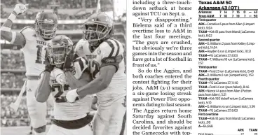  ??  ?? Texas A&amp;M defensive back Armani Watts, center, had the game-sealing intercepti­on of Arkansas’ Austin Allen in overtime to secure the victory for the Aggies.