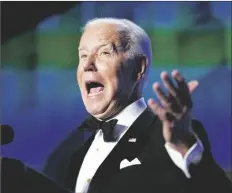  ?? PATRICK SEMANSKY/AP ?? PRESIDENT JOE BIDEN speaks at the annual White House Correspond­ents’ Associatio­n dinner on Saturday in Washington.