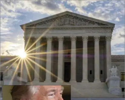  ?? J. DAVID AKE — THE ASSOCIATED PRESS ?? Above, the sun flares in the camera lens as it rises behind the U.S. Supreme Court building in Washington, Sunday. The court is expected to decide within days if the Trump administra­tion can enforce it’s travel ban. At left, President Donald Trump speaks during a bill signing event for the “Department of Veterans Affairs Accountabi­lity and Whistleblo­wer Protection Act of 2017” in the East Room of the White House, Friday in Washington.